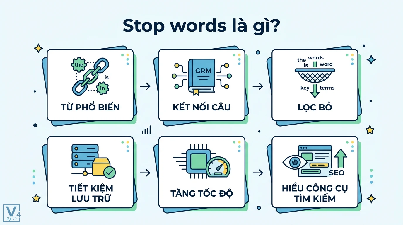 Stop words là gì? Cách xử lý từ dừng chuẩn Google NLP cho SEOer 1 Stop words là từ phổ biến kết nối câu được lọc bỏ nhằm tiết kiệm lưu trữ, tăng tốc độ xử lý và thấu hiểu cơ chế công cụ tìm kiếm SEO