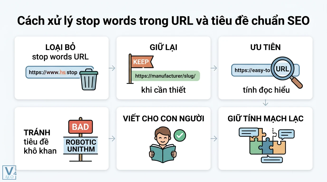 Stop words là gì? Cách xử lý từ dừng chuẩn Google NLP cho SEOer 2 Cách xử lý stop words trong URL và tiêu đề qua việc loại bỏ từ nối, ưu tiên tính mạch lạc và trải nghiệm đọc hiểu tự nhiên cho người dùng