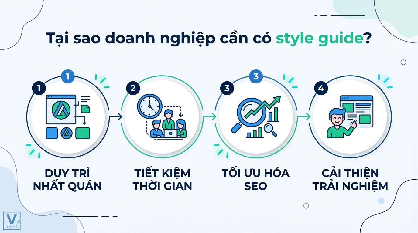 Style guide là gì? Cách xây dựng bộ quy chuẩn thiết kế toàn diện 1 Lợi ích của style guide giúp doanh nghiệp duy trì nhất quán, tiết kiệm thời gian, tối ưu hóa SEO và cải thiện trải nghiệm người dùng