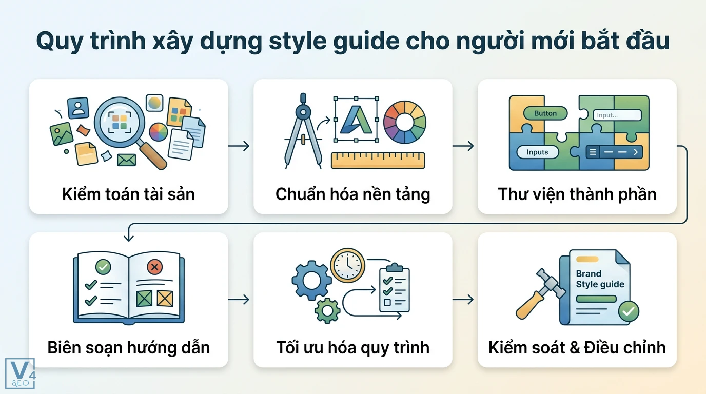 Style guide là gì? Cách xây dựng bộ quy chuẩn thiết kế toàn diện 2 Quy trình xây dựng style guide gồm kiểm toán tài sản, chuẩn hóa nền tảng, thiết kế thư viện thành phần, biên soạn hướng dẫn và tối ưu hóa