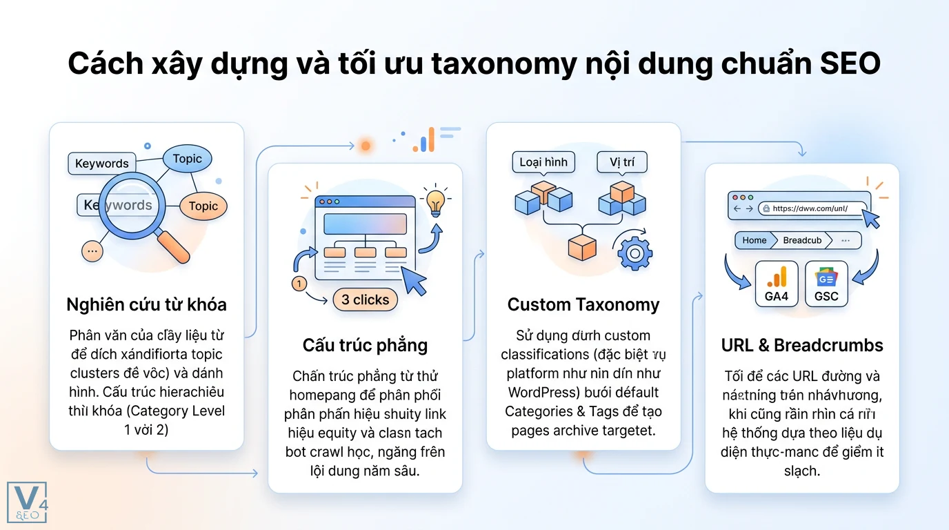 Taxonomy nội dung là gì? Cách xây dựng Topical Authority cho SEO 2 Cách xây dựng taxonomy chuẩn SEO qua nghiên cứu từ khóa, cấu trúc phẳng 3 clicks, custom taxonomy và tối ưu URL breadcrumbs dựa trên GA4 GSC