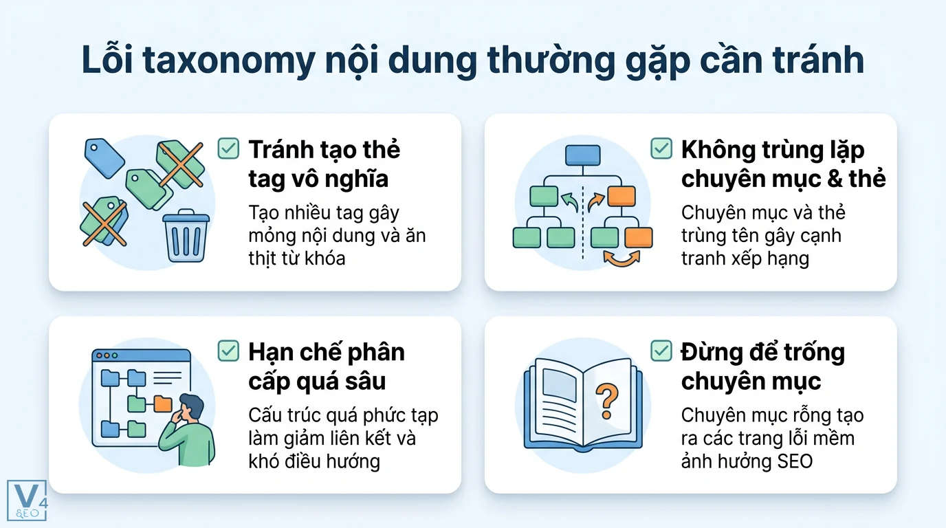 Taxonomy nội dung là gì? Cách xây dựng Topical Authority cho SEO 3 Lỗi taxonomy nội dung cần tránh gồm lạm dụng thẻ tag, trùng lặp chuyên mục, phân cấp quá sâu và để trống các trang lưu trữ gây ảnh hưởng SEO