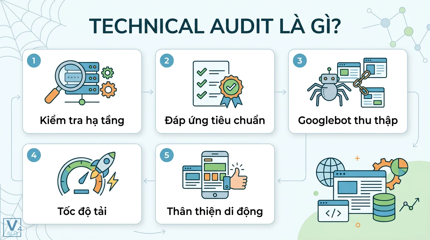 Technical audit là gì? Hướng dẫn chuyên sâu và checklist tối ưu 1 Technical audit gồm kiểm tra hạ tầng, đáp ứng tiêu chuẩn, Googlebot thu thập dữ liệu, tối ưu tốc độ tải trang và tính thân thiện di động