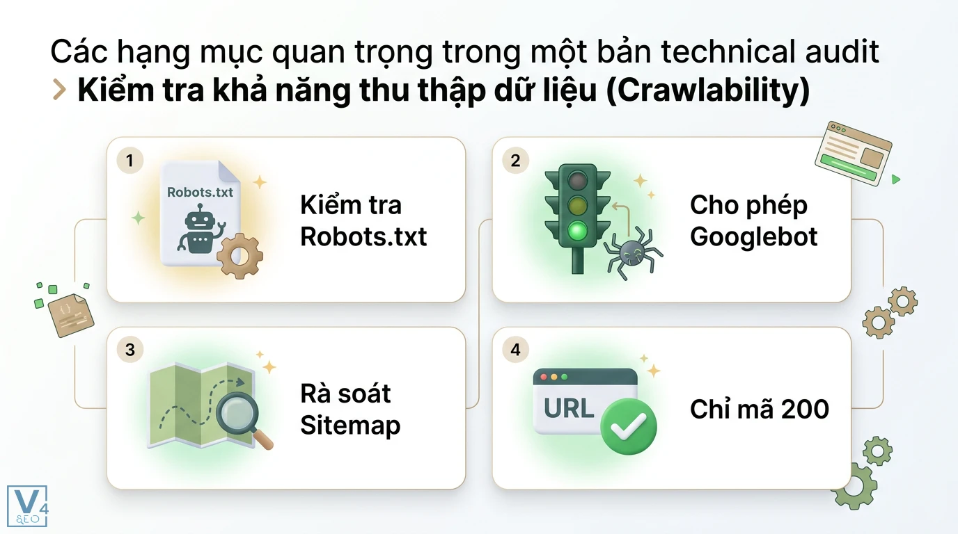 Technical audit là gì? Hướng dẫn chuyên sâu và checklist tối ưu 2 Kiểm tra Crawlability qua Robots.txt cho phép Googlebot truy cập rà soát XML Sitemap và đảm bảo các URL trang web trả về mã trạng thái 200