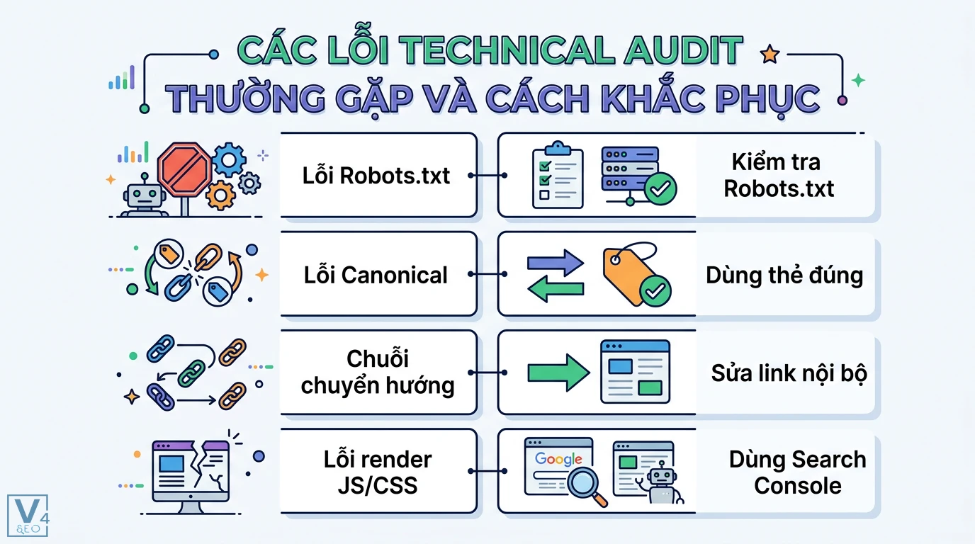 Technical audit là gì? Hướng dẫn chuyên sâu và checklist tối ưu 3 Các lỗi technical audit thường gặp về robots.txt, canonical, chuỗi chuyển hướng, render JS/CSS và cách khắc phục bằng Google Search Console