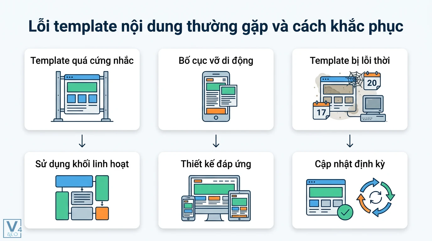 Template nội dung là gì? Cách dùng mẫu có sẵn để tối ưu Content 3 Khắc phục lỗi template nội dung thường gặp như cứng nhắc, lỗi hiển thị di động, lỗi thời bằng thiết kế đáp ứng, linh hoạt, cập nhật định kỳ