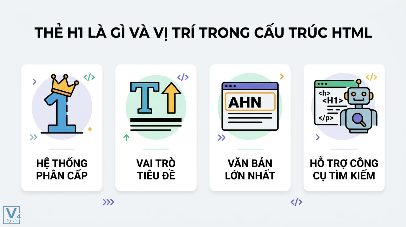 Thẻ H1 là gì? Cách tối ưu chuẩn SEO và phân biệt với Title Tag 1 Thẻ H1 trong cấu trúc HTML xác định hệ thống phân cấp, vai trò tiêu đề chính, kích thước văn bản lớn nhất và hỗ trợ công cụ tìm kiếm