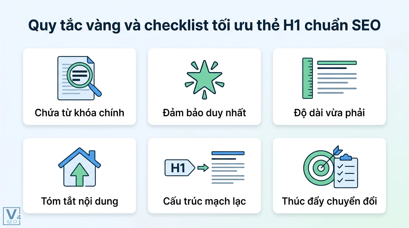 Thẻ H1 là gì? Cách tối ưu chuẩn SEO và phân biệt với Title Tag 2 Checklist tối ưu thẻ H1 chuẩn SEO gồm từ khóa chính, tính duy nhất, độ dài chuẩn, tóm tắt nội dung, cấu trúc mạch lạc và thúc đẩy chuyển đổi