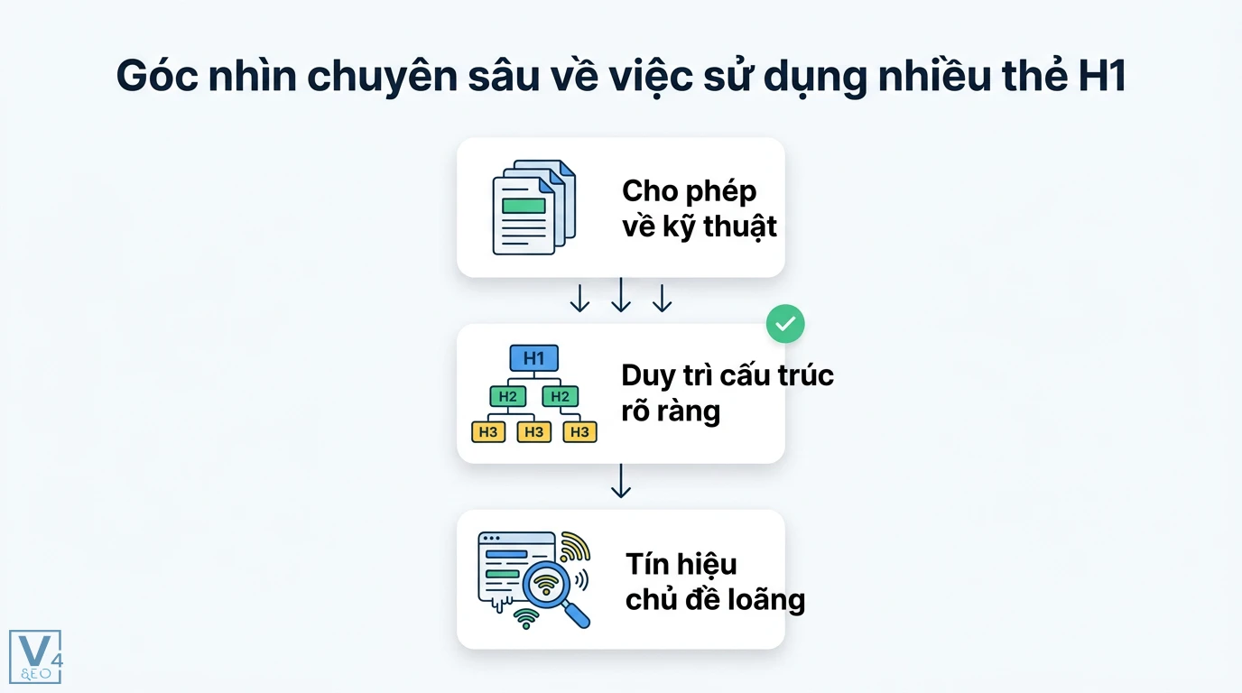 Thẻ H1 là gì? Cách tối ưu chuẩn SEO và phân biệt với Title Tag 3 Tối ưu cấu trúc thẻ H1 H2 H3 giúp duy trì hệ thống thông tin rõ ràng và ngăn chặn việc làm loãng tín hiệu chủ đề SEO trên trang web