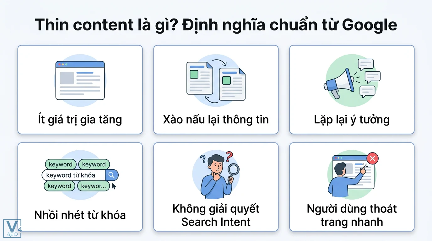 Thin content là gì? Cách nhận biết và quy trình xử lý nội dung mỏng 1 Thin content thể hiện qua việc xào nấu thông tin, nhồi nhét từ khóa, lặp lại ý tưởng và không giải quyết search intent khiến người dùng thoát trang