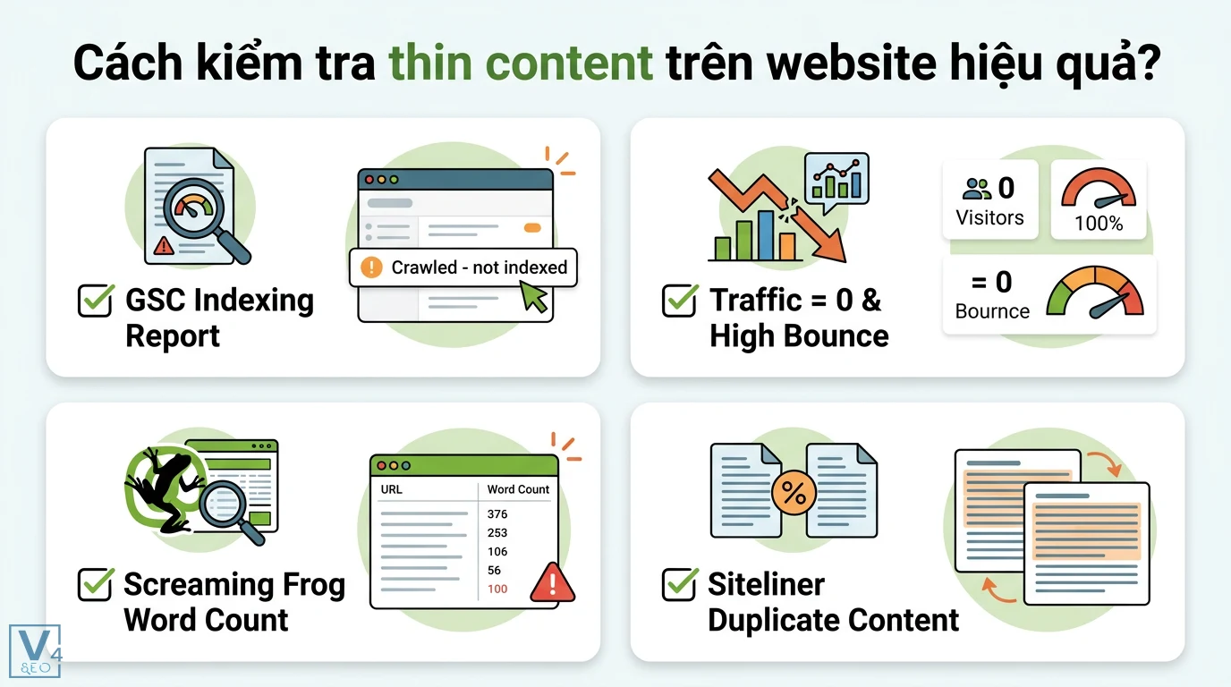 Thin content là gì? Cách nhận biết và quy trình xử lý nội dung mỏng 2 Kiểm tra thin content hiệu quả qua GSC Indexing Report chỉ số traffic tỷ lệ thoát Screaming Frog Word Count và Siteliner Duplicate Content