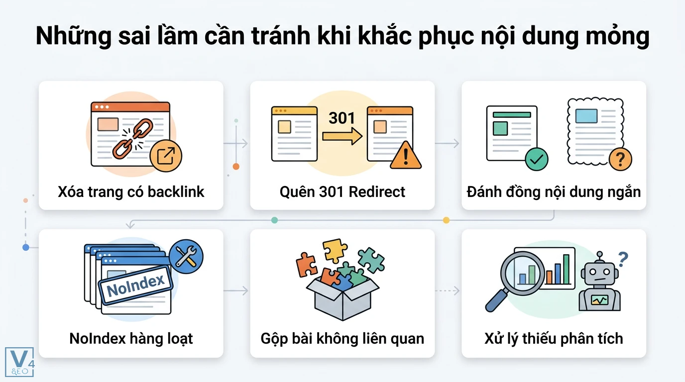 Thin content là gì? Cách nhận biết và quy trình xử lý nội dung mỏng 3 Sai lầm khi khắc phục nội dung mỏng như xóa trang có backlink, quên 301 redirect, noindex hàng loạt và gộp bài viết không cùng chủ đề