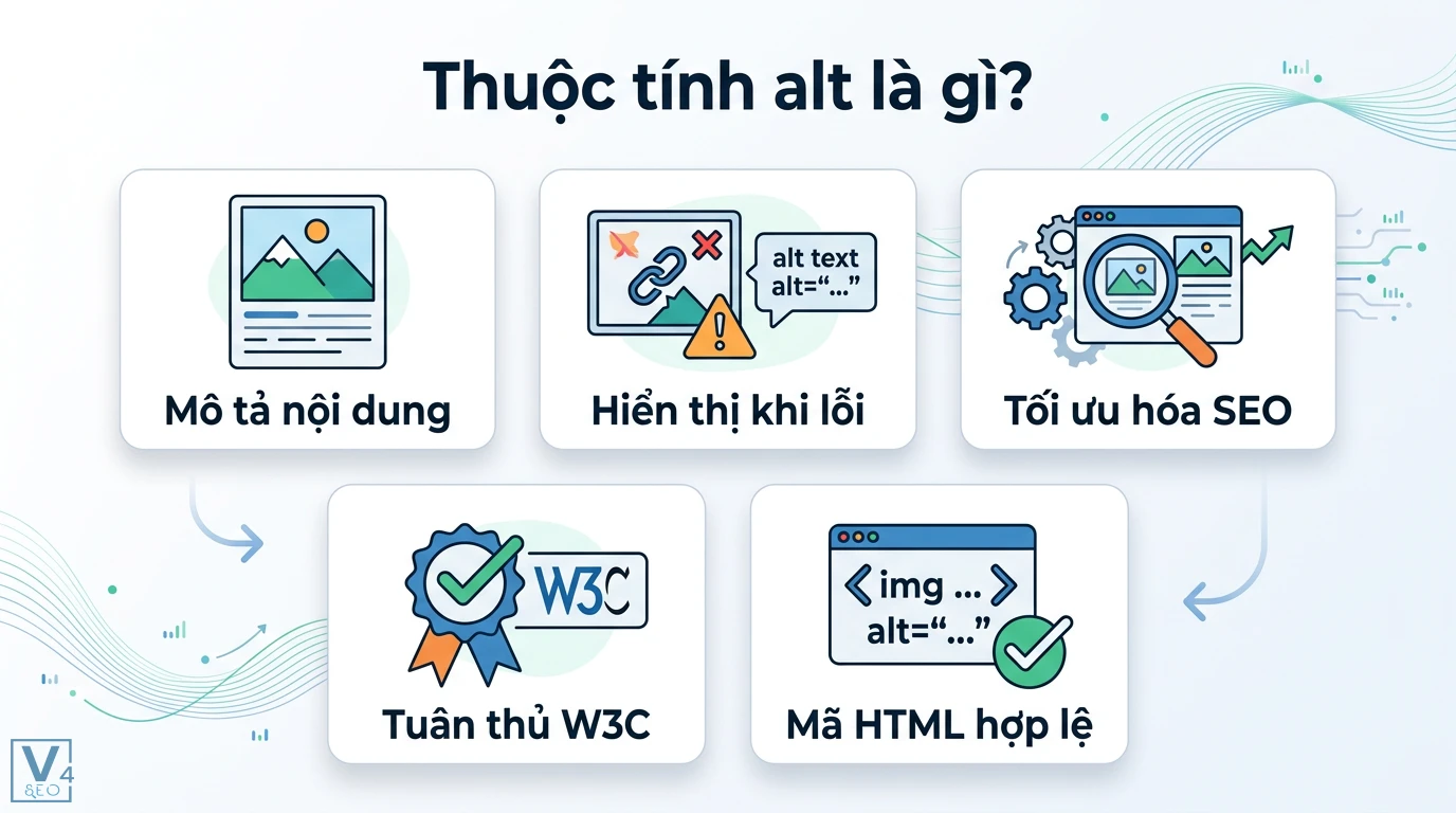 Thuộc tính alt là gì? Cách viết Alt text chuẩn SEO, Accessibility 1 Thuộc tính alt giúp mô tả nội dung, hiển thị văn bản khi lỗi, tối ưu hóa SEO, tuân thủ tiêu chuẩn W3C và tạo mã HTML hợp lệ cho trang web
