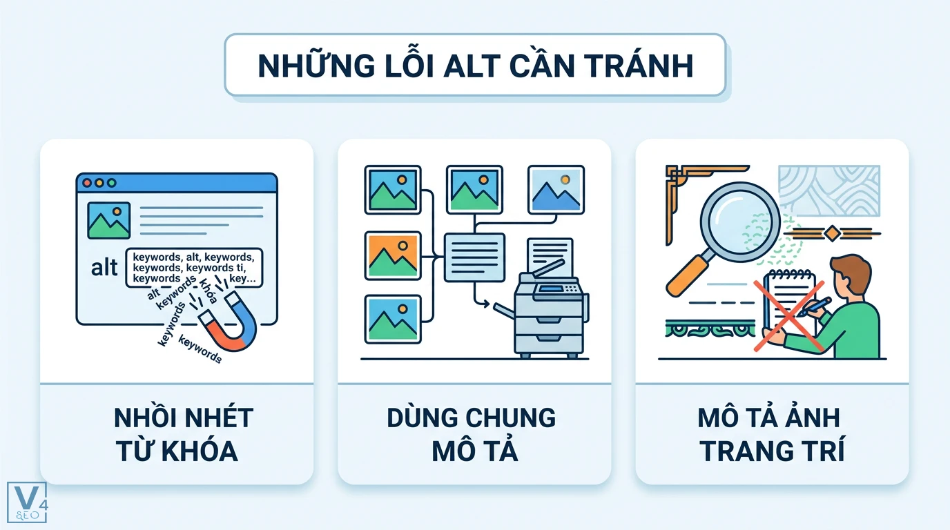 Thuộc tính alt là gì? Cách viết Alt text chuẩn SEO, Accessibility 2 Lỗi alt text cần tránh gồm nhồi nhét từ khóa, dùng chung mô tả và viết văn bản thay thế cho các thành phần trang trí không cần thiết