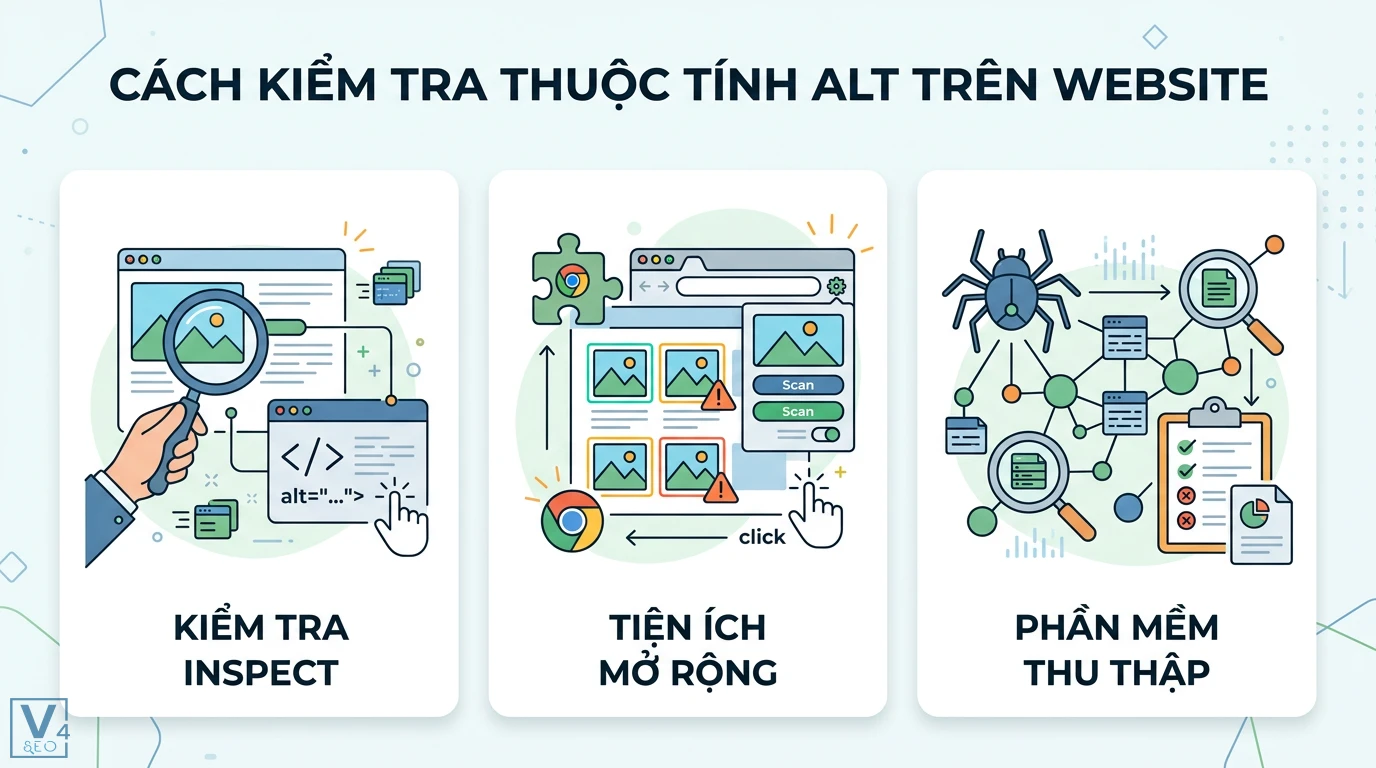 Thuộc tính alt là gì? Cách viết Alt text chuẩn SEO, Accessibility 3 Cách kiểm tra thuộc tính alt trên website qua công cụ Inspect, tiện ích mở rộng và phần mềm thu thập dữ liệu để phát hiện lỗi thiếu alt