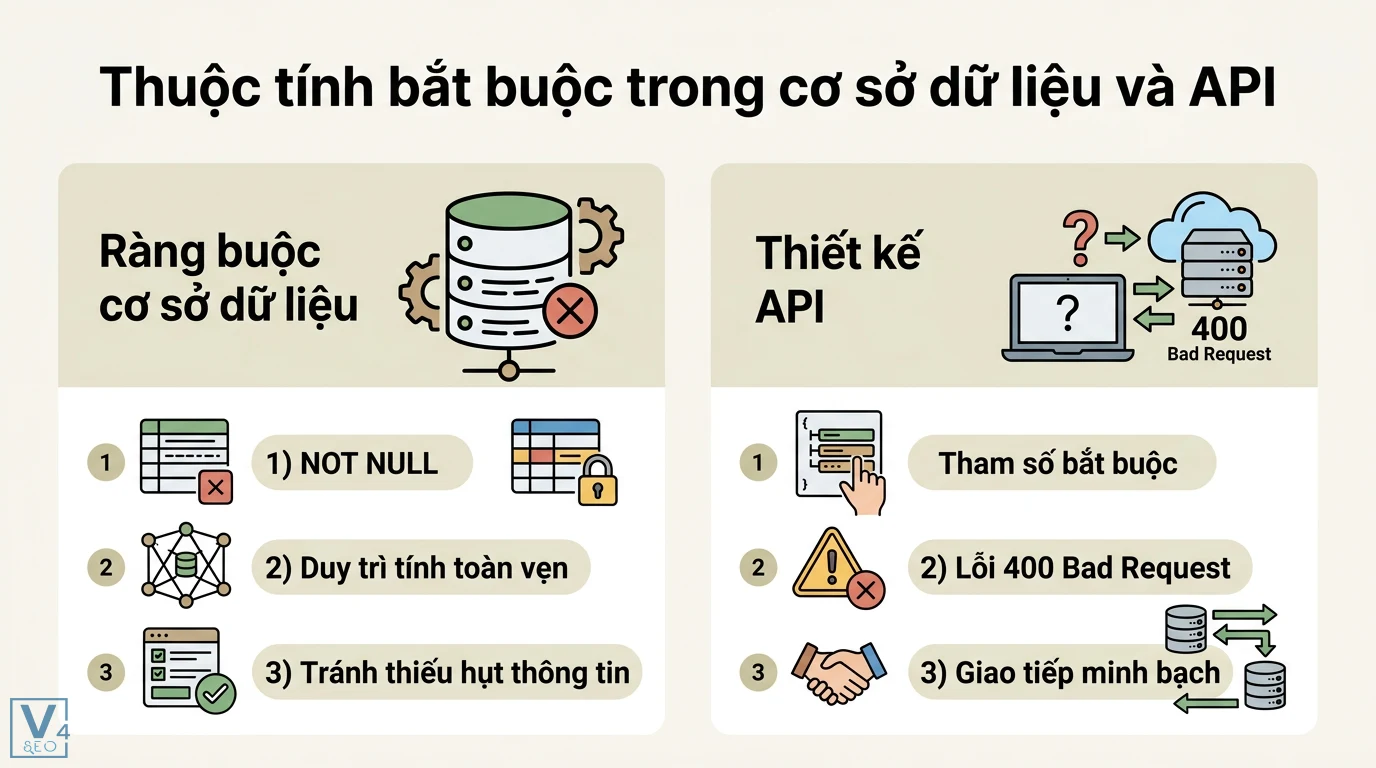Thuộc tính bắt buộc là gì? Ý nghĩa trong HTML, API và Database 2 Thuộc tính bắt buộc trong cơ sở dữ liệu và API qua ràng buộc NOT NULL và lỗi 400 Bad Request giúp duy trì tính toàn vẹn, minh bạch dữ liệu