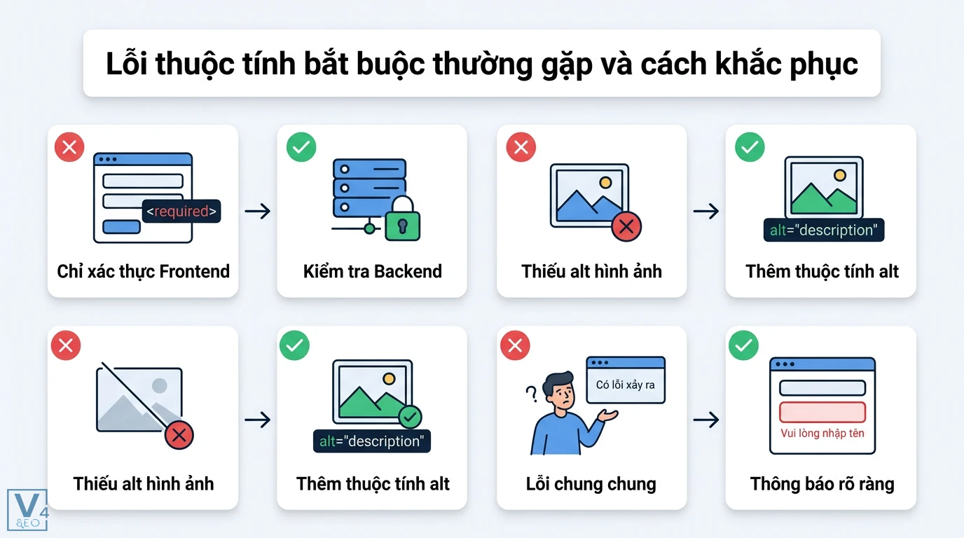 Thuộc tính bắt buộc là gì? Ý nghĩa trong HTML, API và Database 3 Khắc phục lỗi thuộc tính bắt buộc qua xác thực backend, thêm thuộc tính alt và thay thông báo lỗi chung chung bằng thông báo rõ ràng