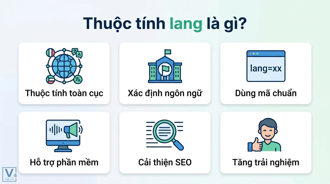 Thuộc tính lang là gì? Cách tối ưu đa ngôn ngữ chuẩn SEO và W3C 1 Thuộc tính lang xác định ngôn ngữ trang web bằng mã chuẩn giúp hỗ trợ các phần mềm đọc màn hình, cải thiện hiệu quả SEO và trải nghiệm người dùng