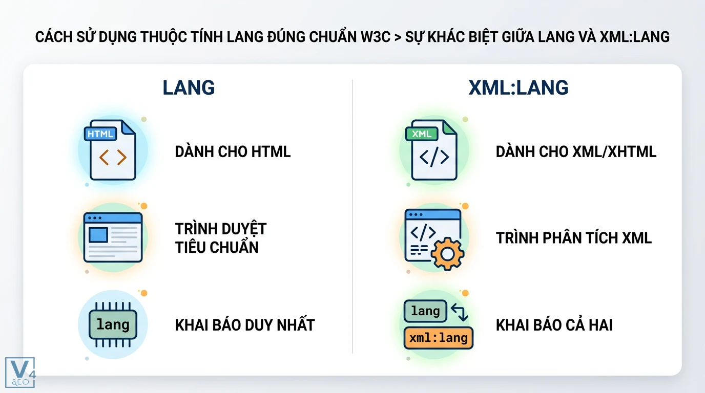Thuộc tính lang là gì? Cách tối ưu đa ngôn ngữ chuẩn SEO và W3C 2 Phân biệt thuộc tính lang cho HTML và xml:lang cho XML XHTML khi khai báo trên trình duyệt hoặc trình phân tích theo đúng tiêu chuẩn W3C