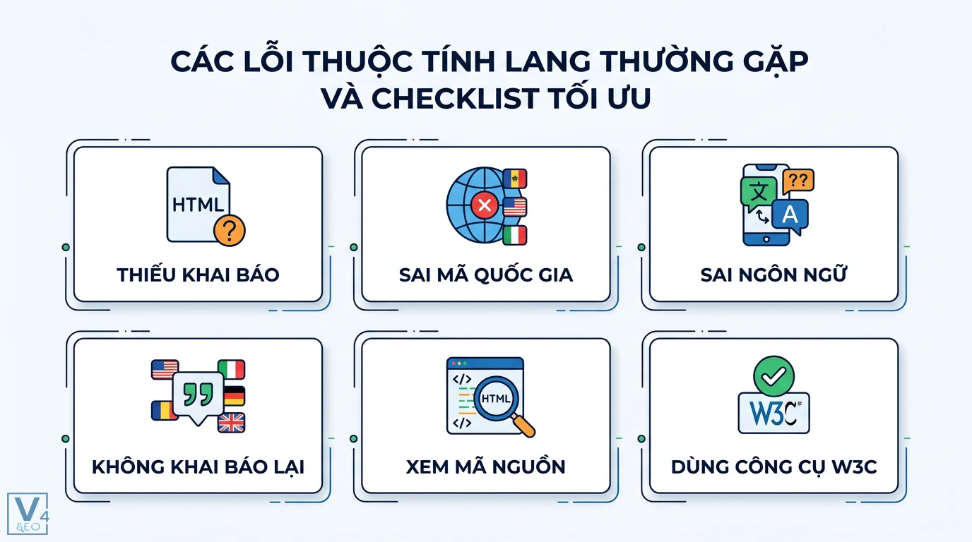 Thuộc tính lang là gì? Cách tối ưu đa ngôn ngữ chuẩn SEO và W3C 3 Các lỗi thuộc tính lang thường gặp gồm thiếu khai báo, sai mã quốc gia, sai ngôn ngữ và checklist tối ưu SEO qua mã nguồn cùng công cụ W3C