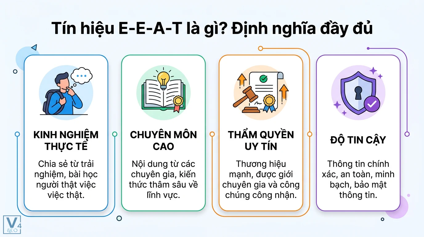 Tín hiệu E-E-A-T là gì? Cách xây dựng Author Entity chuẩn Google 1 Tín hiệu E-E-A-T gồm Kinh nghiệm thực tế, Chuyên môn cao, Thẩm quyền uy tín và Độ tin cậy giúp Google đánh giá chất lượng nội dung trang web