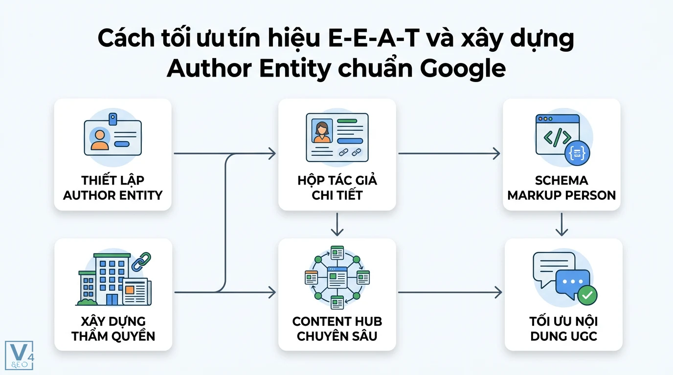 Tín hiệu E-E-A-T là gì? Cách xây dựng Author Entity chuẩn Google 2 Cách tối ưu tín hiệu E-E-A-T và Author Entity qua Schema Markup Person, xây dựng thẩm quyền, Content Hub chuyên sâu và tối ưu nội dung UGC