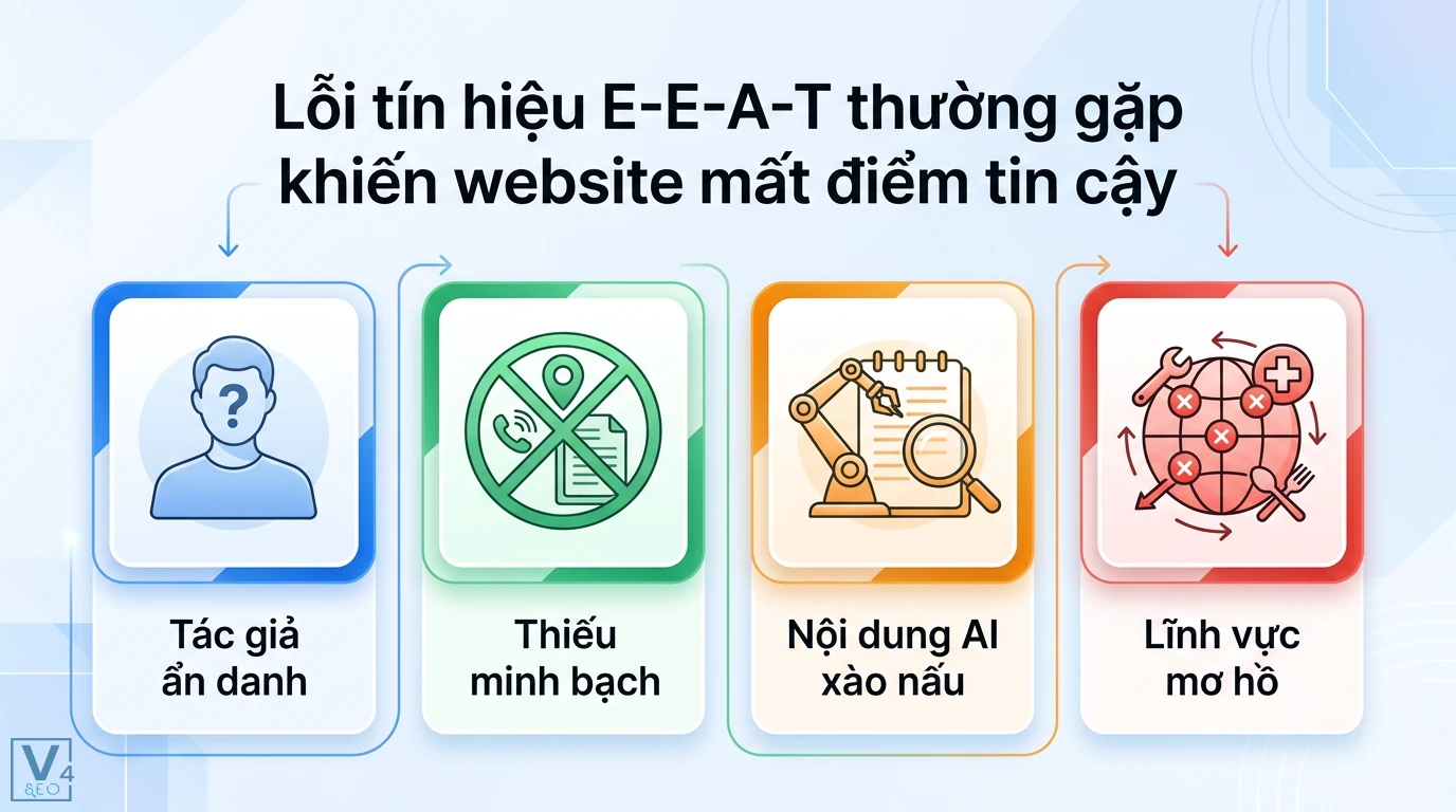 Tín hiệu E-E-A-T là gì? Cách xây dựng Author Entity chuẩn Google 3 Lỗi tín hiệu E-E-A-T phổ biến gồm tác giả ẩn danh, thiếu minh bạch, nội dung AI xào nấu và lĩnh vực mơ hồ khiến website mất điểm tin cậy