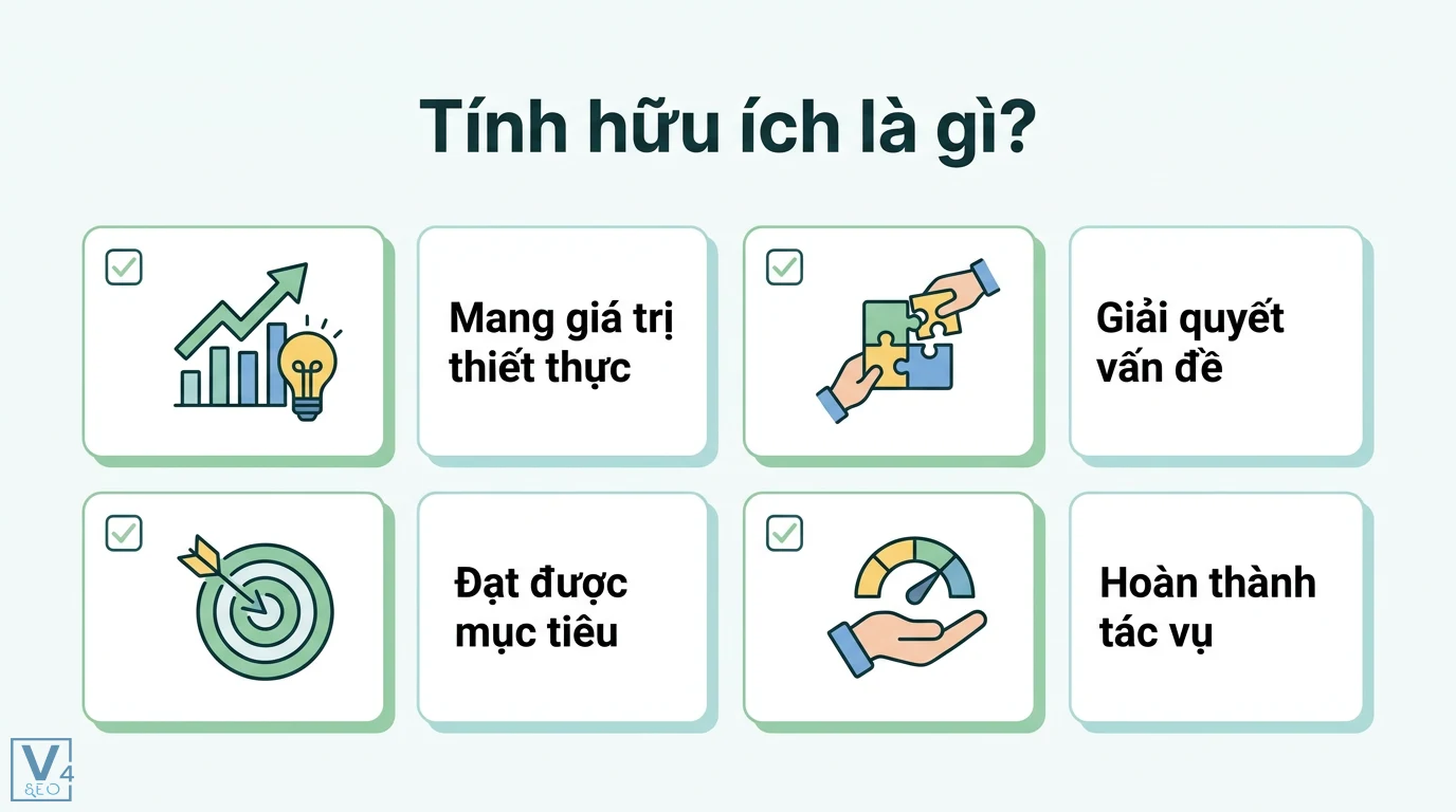 Tính hữu ích là gì? Phân biệt với hữu dụng và ứng dụng thực tế 1 Tính hữu ích thể hiện qua giá trị thiết thực, giải quyết vấn đề, đạt được mục tiêu và đo lường bằng hiệu quả hoàn thành tác vụ