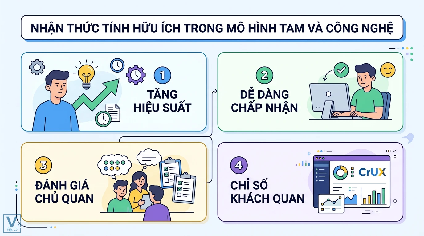 Tính hữu ích là gì? Phân biệt với hữu dụng và ứng dụng thực tế 2 Nhận thức tính hữu ích mô hình TAM giúp tăng hiệu suất, chấp nhận công nghệ qua đánh giá chủ quan và chỉ số khách quan từ dữ liệu CrUX