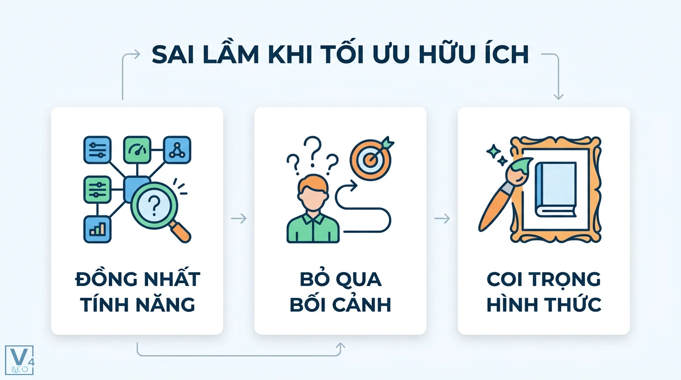 Tính hữu ích là gì? Phân biệt với hữu dụng và ứng dụng thực tế 3 Sai lầm khi tối ưu tính hữu ích như đồng nhất tính năng, bỏ qua bối cảnh người dùng và coi trọng hình thức bên ngoài thay vì nội dung cốt lõi
