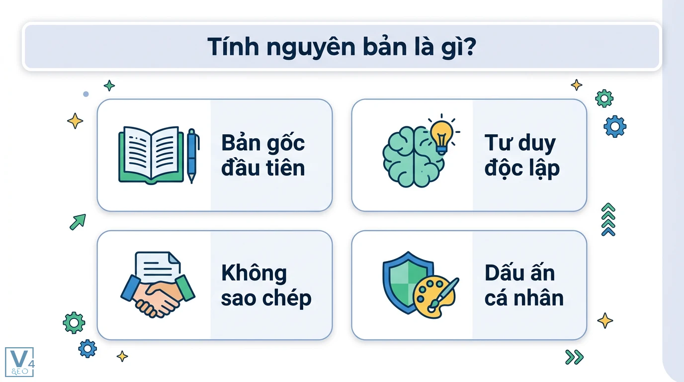 Tính nguyên bản là gì? Ý nghĩa bản gốc trong sáng tạo và pháp lý 1 Tính nguyên bản thể hiện qua bản gốc đầu tiên, tư duy độc lập, không sao chép và dấu ấn cá nhân của tác giả trong sáng tạo