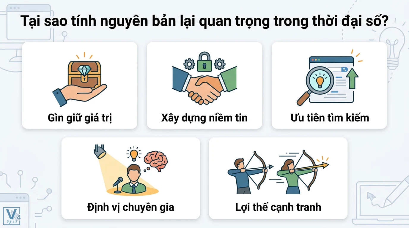 Tính nguyên bản là gì? Ý nghĩa bản gốc trong sáng tạo và pháp lý 2 Tính nguyên bản giúp gìn giữ giá trị, xây dựng niềm tin, ưu tiên tìm kiếm, định vị chuyên gia và tạo lợi thế cạnh tranh trong thời đại số