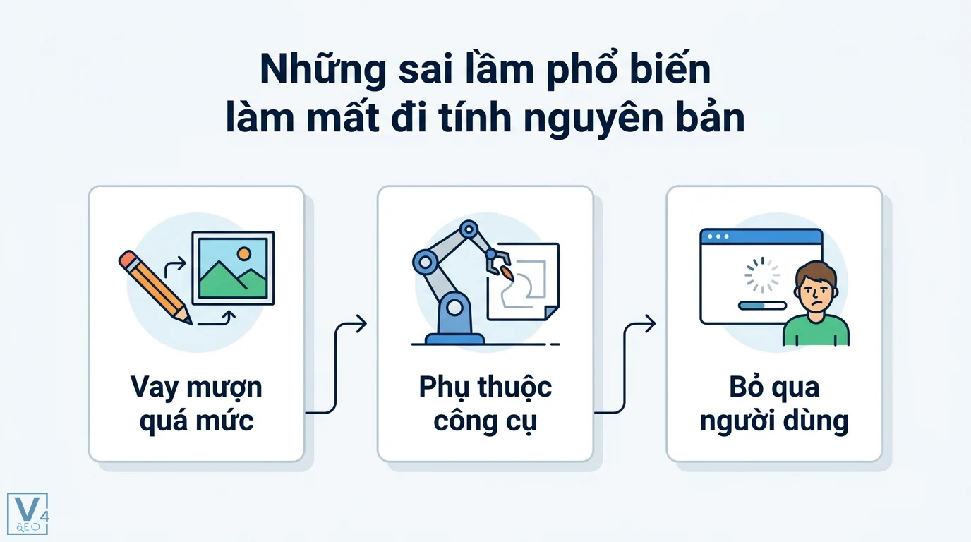 Tính nguyên bản là gì? Ý nghĩa bản gốc trong sáng tạo và pháp lý 3 Sai lầm làm mất tính nguyên bản gồm vay mượn ý tưởng quá mức, phụ thuộc công cụ tự động và bỏ qua trải nghiệm người dùng cùng chỉ số FID