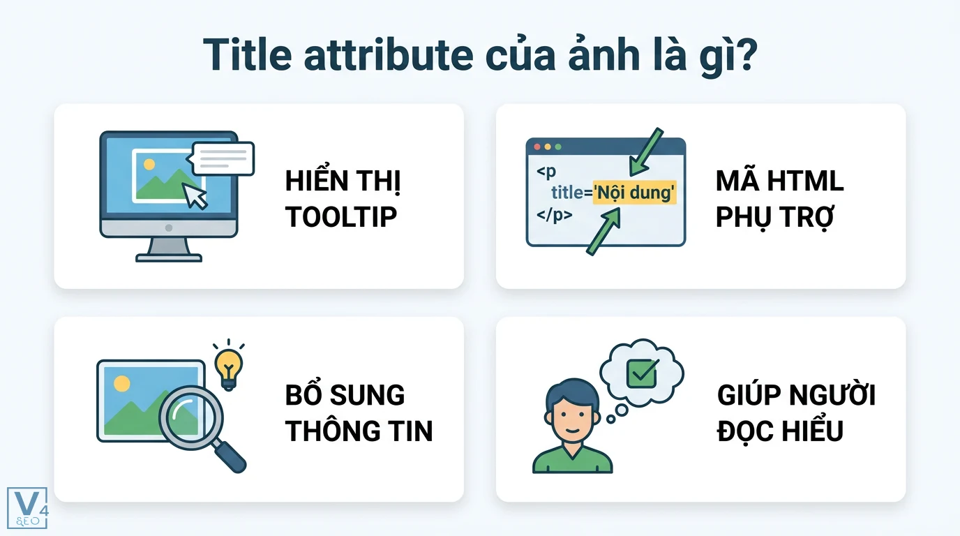 Title attribute của ảnh là gì? Cách dùng chuẩn SEO và trải nghiệm 1 Title attribute của ảnh cung cấp mã HTML phụ trợ hiển thị tooltip và bổ sung thông tin giúp người đọc dễ dàng hiểu rõ thông điệp truyền tải