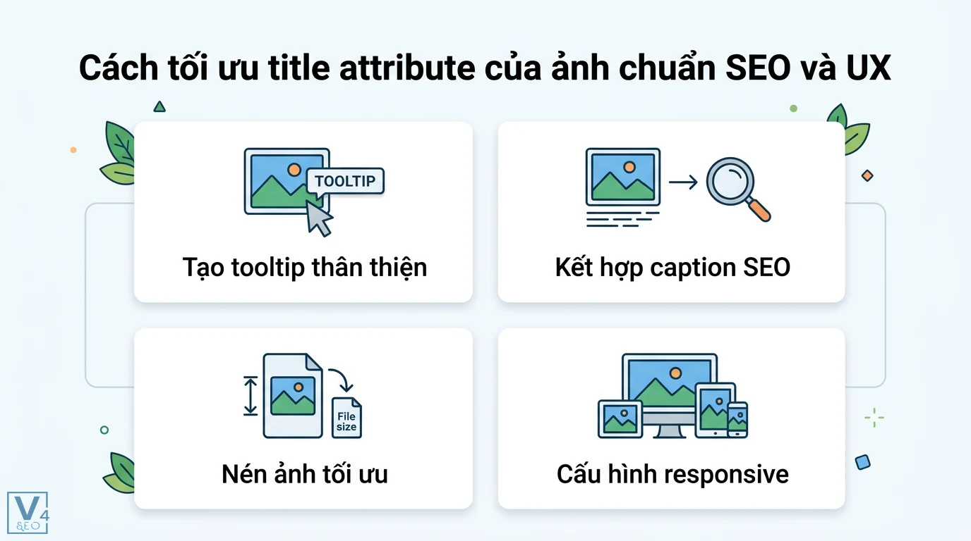 Title attribute của ảnh là gì? Cách dùng chuẩn SEO và trải nghiệm 2 Tối ưu title attribute chuẩn SEO và UX bằng cách tạo tooltip thân thiện, kết hợp caption SEO, nén dung lượng và cấu hình responsive