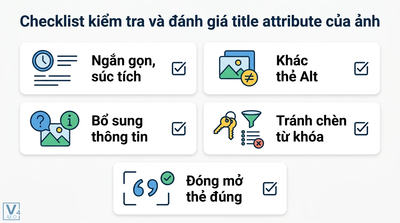Title attribute của ảnh là gì? Cách dùng chuẩn SEO và trải nghiệm 3 Checklist tối ưu title attribute gồm tiêu chí ngắn gọn khác thẻ alt bổ sung thông tin tránh chèn từ khóa và đóng mở thẻ đúng chuẩn