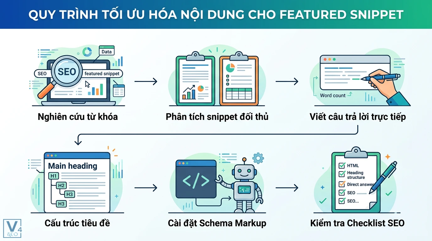 Tối ưu đoạn snippet là gì? Cách chiếm Top 0 và tăng CTR hiệu quả 2 Quy trình tối ưu Featured Snippet: nghiên cứu từ khóa, phân tích đối thủ, viết câu trả lời, cấu trúc tiêu đề, Schema Markup và checklist SEO