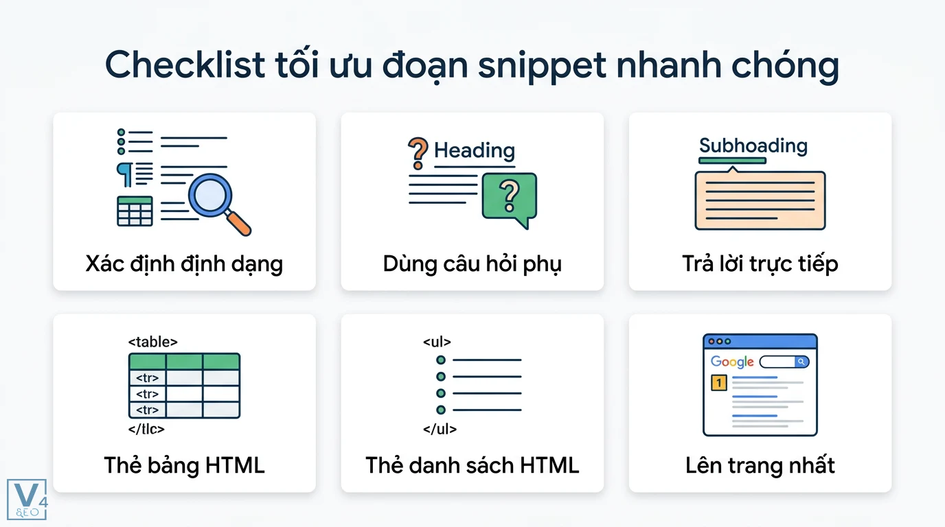 Tối ưu đoạn snippet là gì? Cách chiếm Top 0 và tăng CTR hiệu quả 3 Checklist tối ưu đoạn snippet nhanh chóng gồm định dạng, câu hỏi phụ, trả lời trực tiếp, thẻ bảng HTML, thẻ danh sách HTML và lên trang nhất