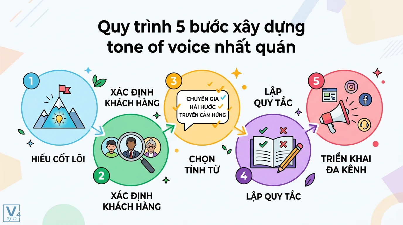 Tone of voice là gì? Cách xây dựng giọng điệu thương hiệu nhất quán 2 Quy trình 5 bước xây dựng tone of voice nhất quán gồm hiểu cốt lõi, xác định khách hàng, chọn tính từ, lập quy tắc và triển khai đa kênh