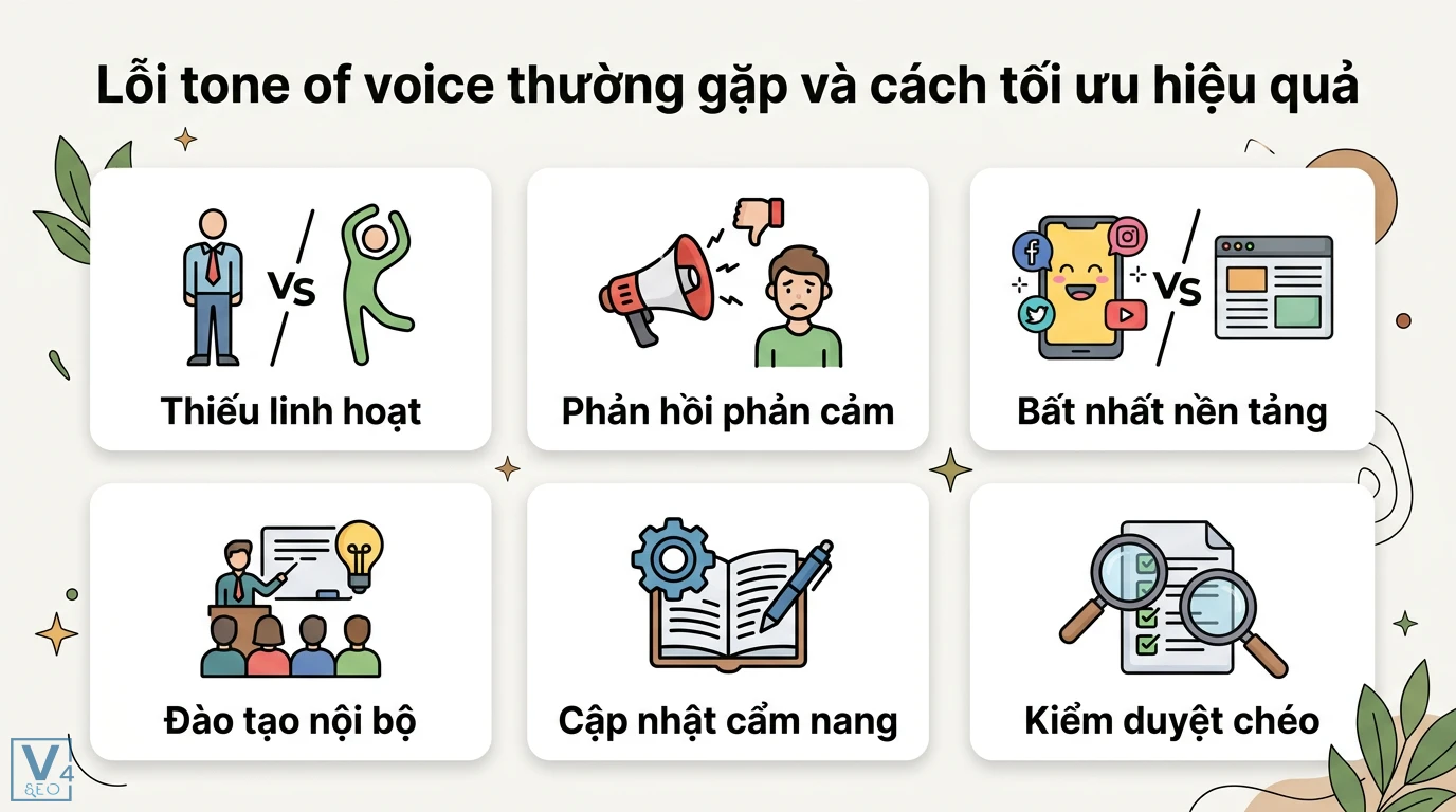 Tone of voice là gì? Cách xây dựng giọng điệu thương hiệu nhất quán 3 Lỗi tone of voice như thiếu linh hoạt, bất nhất nền tảng và cách tối ưu qua đào tạo nội bộ, cập nhật cẩm nang, kiểm duyệt chéo