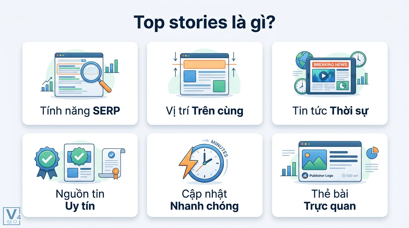 Top stories là gì? Cách tối ưu Tin bài hàng đầu chuẩn E-E-A-T 3 Top stories là tính năng SERP hiển thị tin tức thời sự tại vị trí trên cùng từ nguồn uy tín, cập nhật nhanh chóng với các thẻ bài trực quan