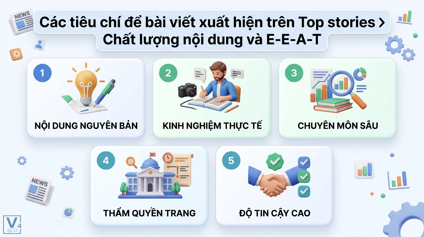Top stories là gì? Cách tối ưu Tin bài hàng đầu chuẩn E-E-A-T 1 Tiêu chí E-E-A-T cho Top stories gồm nội dung nguyên bản, kinh nghiệm thực tế, chuyên môn sâu, thẩm quyền trang và độ tin cậy cao
