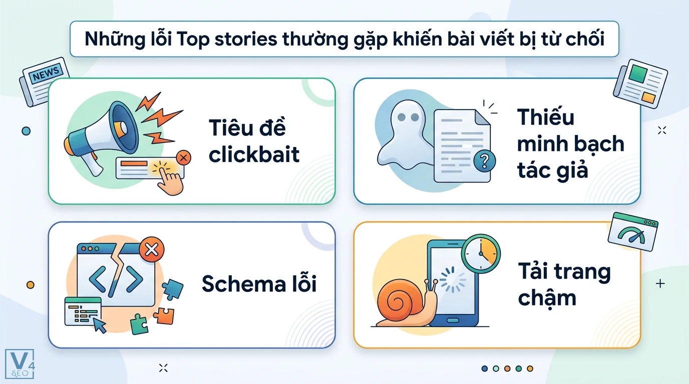 Top stories là gì? Cách tối ưu Tin bài hàng đầu chuẩn E-E-A-T 2 Lỗi Top stories thường gặp như tiêu đề clickbait, thiếu minh bạch tác giả, schema NewsArticle lỗi và tốc độ tải trang web chậm