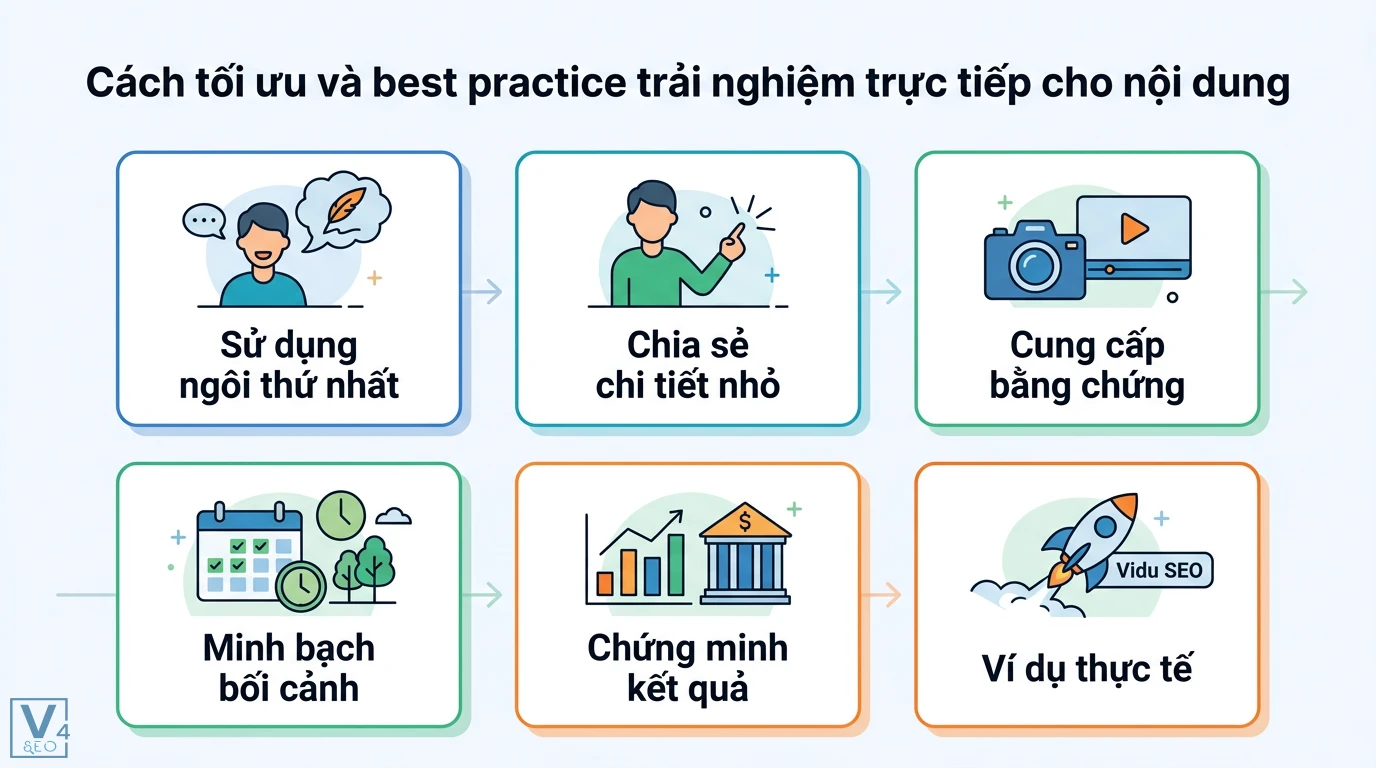 Trải nghiệm trực tiếp là gì? Sự khác biệt cốt lõi với kinh nghiệm 2 Cách tối ưu trải nghiệm trực tiếp cho nội dung qua ngôi thứ nhất, chia sẻ chi tiết, bằng chứng, minh bạch bối cảnh, kết quả và ví dụ thực tế
