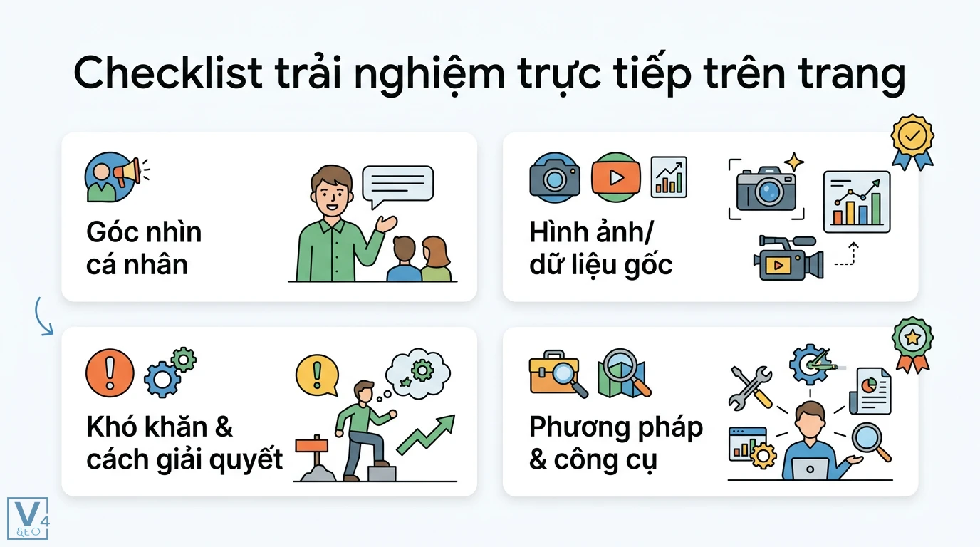 Trải nghiệm trực tiếp là gì? Sự khác biệt cốt lõi với kinh nghiệm 3 Checklist trải nghiệm trực tiếp tối ưu E-E-A-T qua góc nhìn cá nhân, dữ liệu gốc, giải quyết khó khăn và minh bạch phương pháp thực hiện