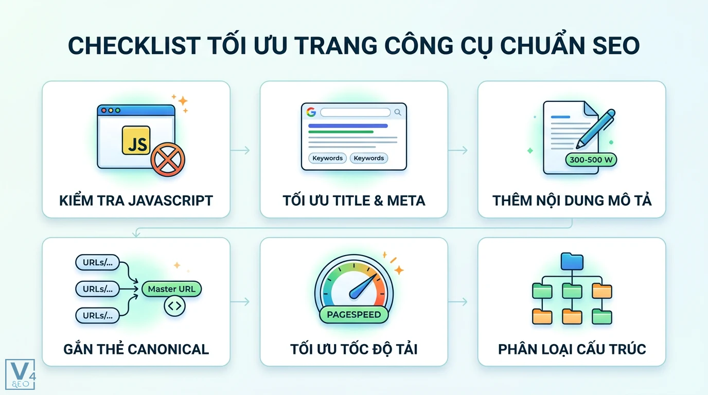 Trang công cụ là gì? Hiểu rõ cơ chế Google và vai trò trong SEO 3 Checklist tối ưu trang công cụ chuẩn SEO gồm kiểm tra Javascript, Title và Meta, nội dung mô tả, thẻ Canonical, PageSpeed, phân loại cấu trúc