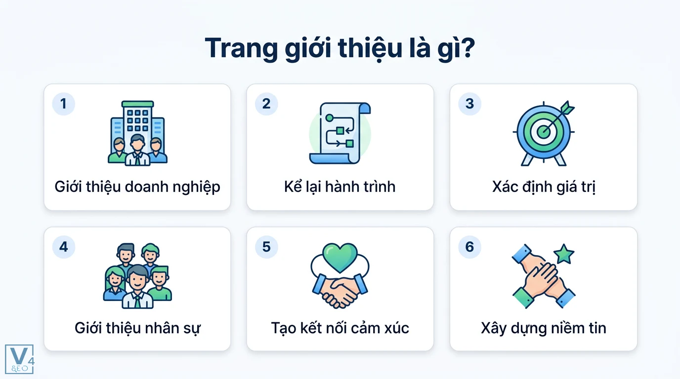 Trang giới thiệu là gì? Cách viết About Us thu hút và chuẩn E-E-A-T 1 Trang giới thiệu giúp kể lại hành trình doanh nghiệp, xác định giá trị cốt lõi, giới thiệu nhân sự, tạo kết nối cảm xúc và xây dựng niềm tin
