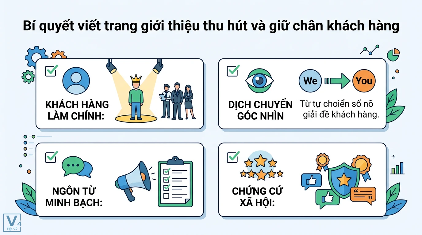 Trang giới thiệu là gì? Cách viết About Us thu hút và chuẩn E-E-A-T 2 Bí quyết viết trang giới thiệu thu hút qua việc đặt khách hàng làm chính, dịch chuyển góc nhìn, ngôn từ minh bạch và sử dụng chứng cứ xã hội
