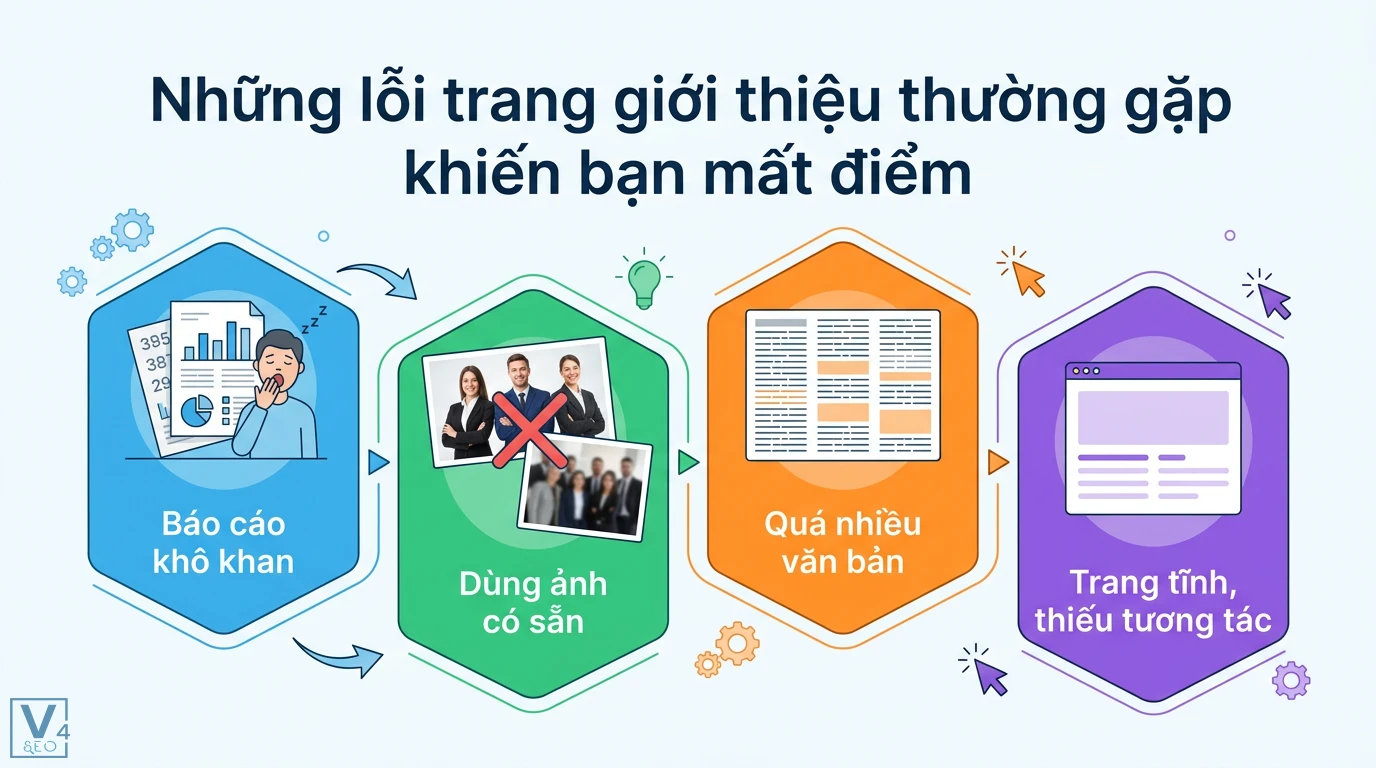 Trang giới thiệu là gì? Cách viết About Us thu hút và chuẩn E-E-A-T 3 Những lỗi trang giới thiệu thường gặp gồm báo cáo khô khan, dùng ảnh có sẵn, quá nhiều văn bản và thiếu tương tác làm giảm độ tin cậy doanh nghiệp