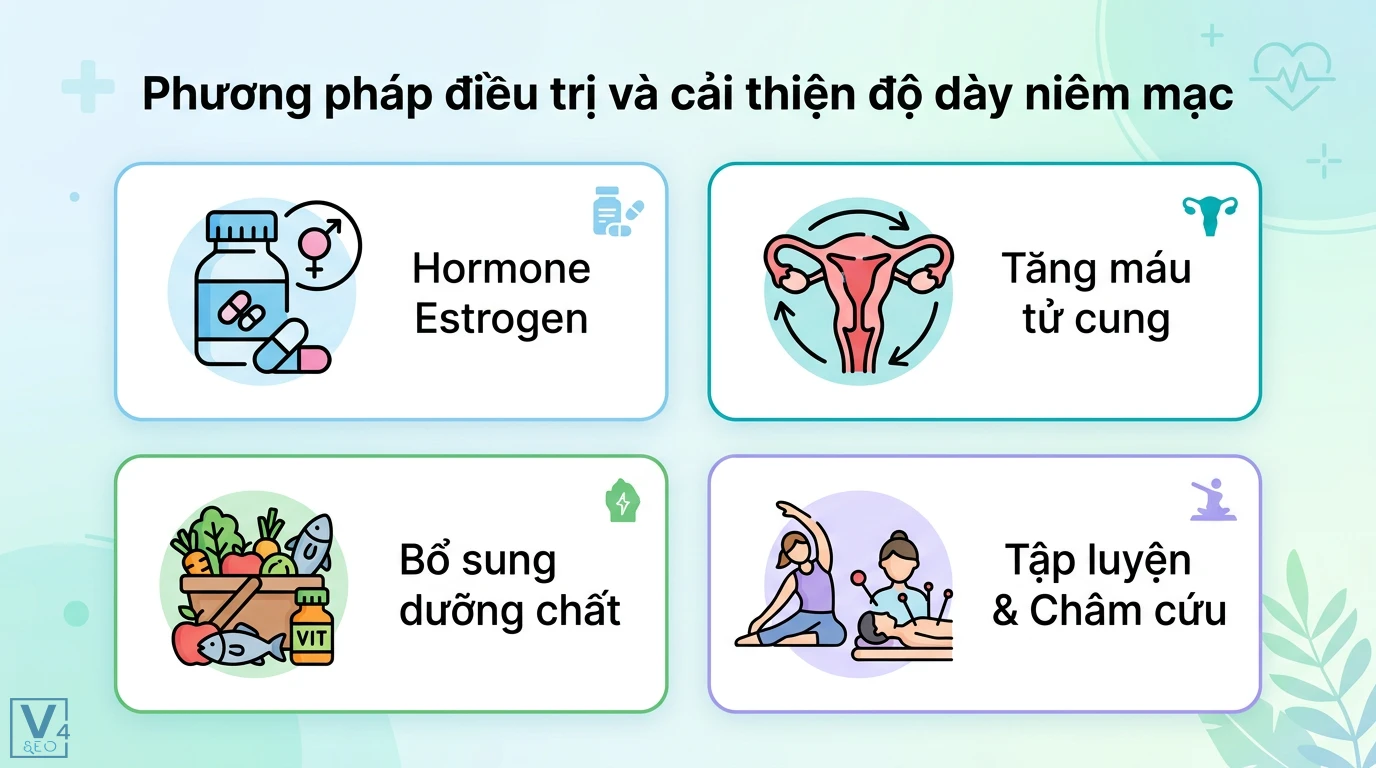 Trang mỏng là gì? Hiểu đúng về niêm mạc tử cung mỏng và cách điều trị 3 Phương pháp cải thiện độ dày niêm mạc bằng hormone Estrogen, tăng máu tử cung, bổ sung dưỡng chất, tập luyện và châm cứu